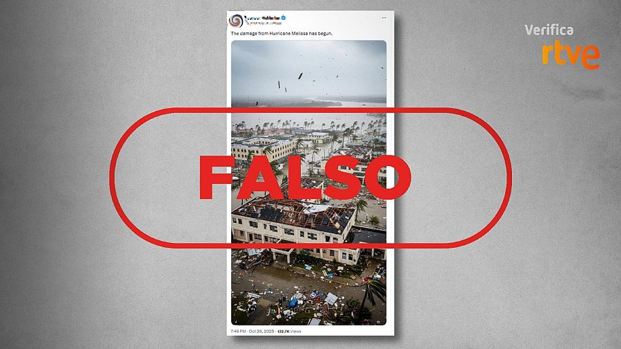 Mensaje que difunde una fotografía generada por IA como si fuesen destrozos en Jamaica