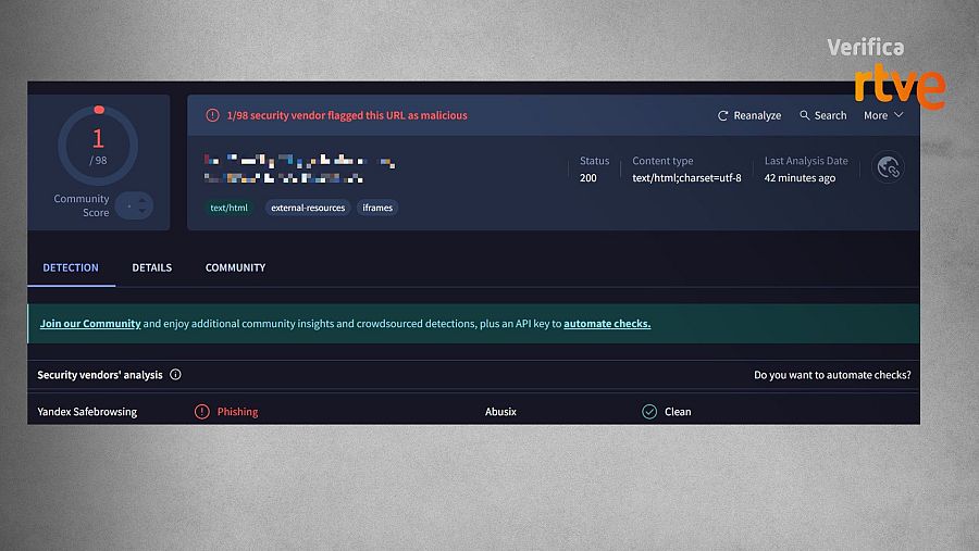 Resultado de la herramienta VirusTotal sobre el enlace fraudulento