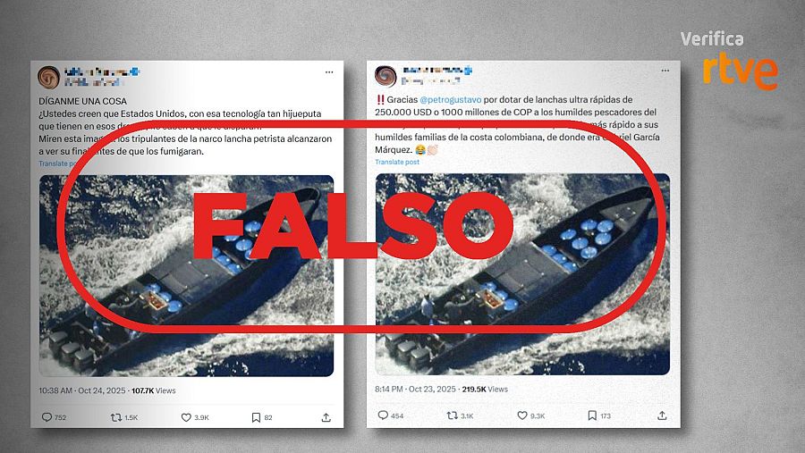 Mensajes que difunden la imagen de una narcolancha antigua y la presentan como si fuese actual