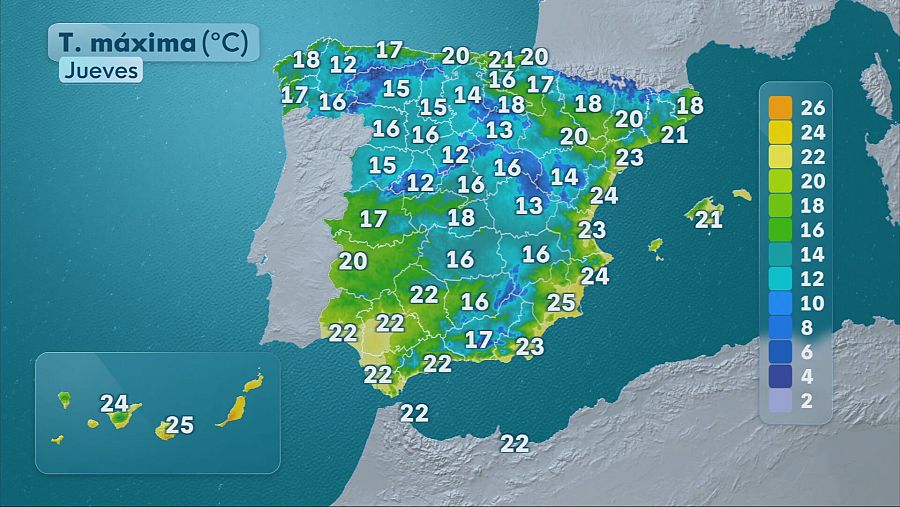 Mapa con el pronóstico del tiempo para el jueves 6 de noviembre.