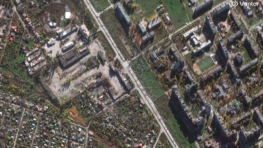 Imagen satelital que muestra árboles talados a lo largo de una carretera en la ciudad de Pokrovsk (Donetsk), al este de Ucrania.