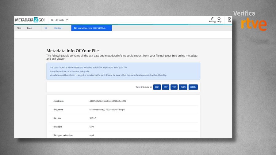 Resultado de la herramienta Metadata2Go sobre el vídeo de un toro generado por IA.