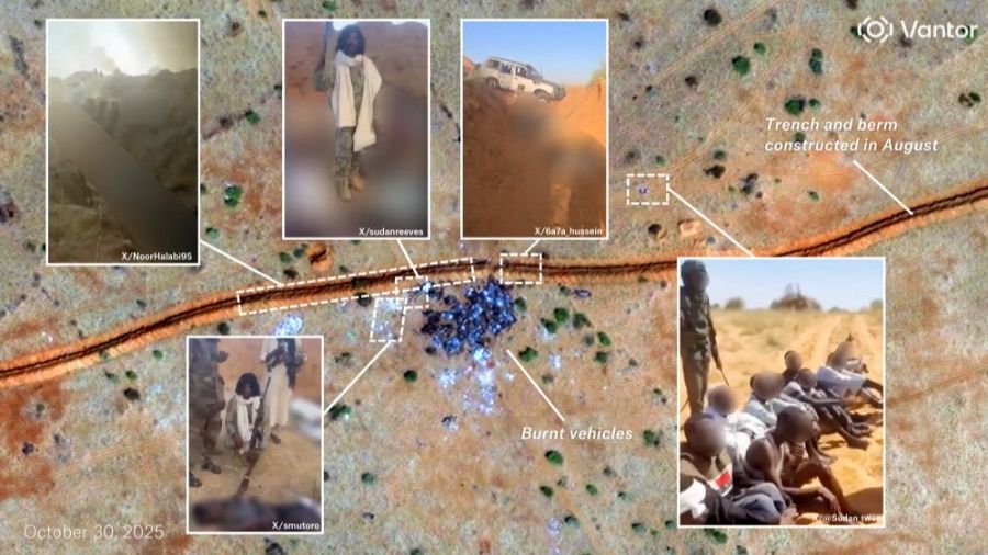Imagen satelital de la trinchera en Al Fasher con los elementos de geolocalización de Bellingcat