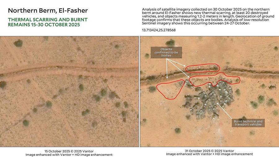 Imagen satelital de la trinchera en Al Fasher con los elementos de geolocalización de Bellingcat
