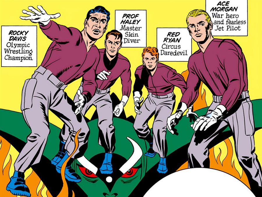 Una página de cómic muestra a cuatro hombres vestidos con uniformes similares, enfrentándose a una criatura con cuernos y ojos rojos, rodeada de llamas. Los personajes, con diferentes habilidades, parecen estar en una situación de peligro.