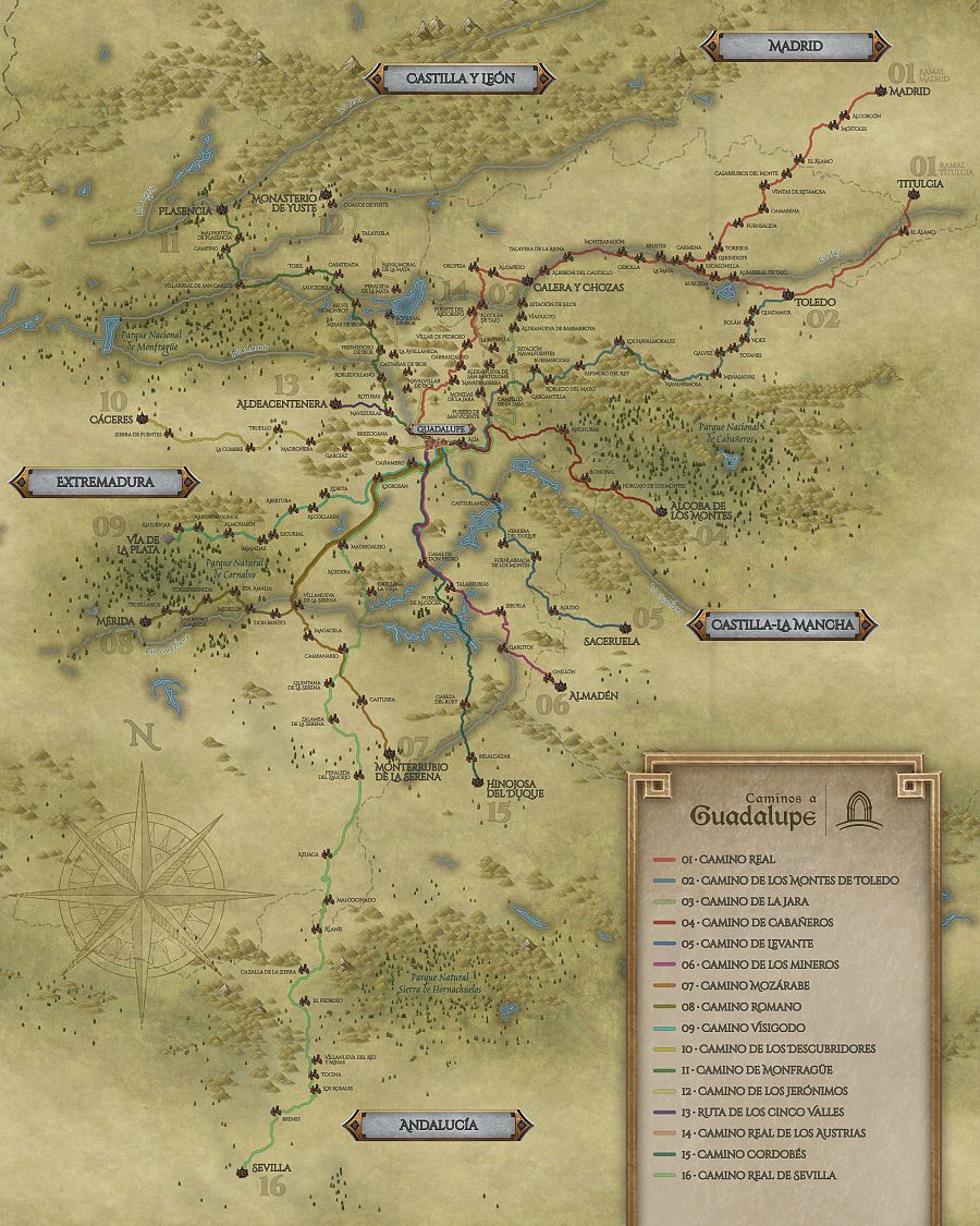 Mapa de los Caminos a Guadalupe: dieciséis sendas históricas que confluyen en el monasterio extremeño