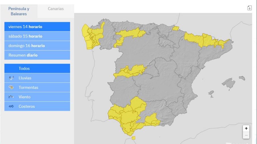 Avisos meterorológicos para este viernes, 14 de noviembre, en Península y Baleares.