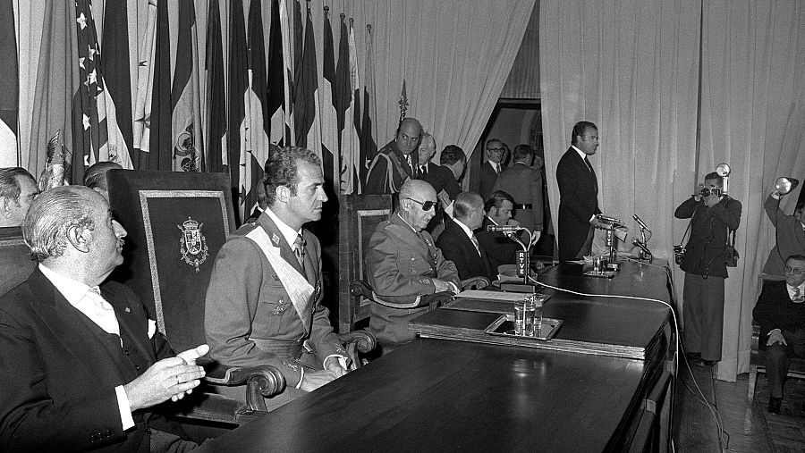 Francisco Franco, acompañado del entonces príncipe de España, Juan Carlos de Borbón, en su último acto público antes de morir, el 12 de octubre de 1975.