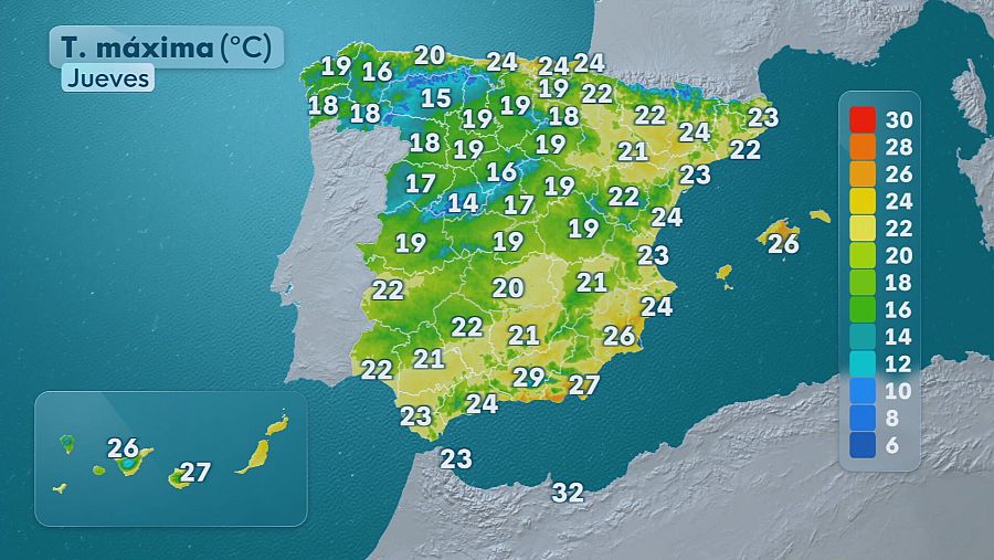 Descenso generalizado de las temperaturas en la Península y Baleares.