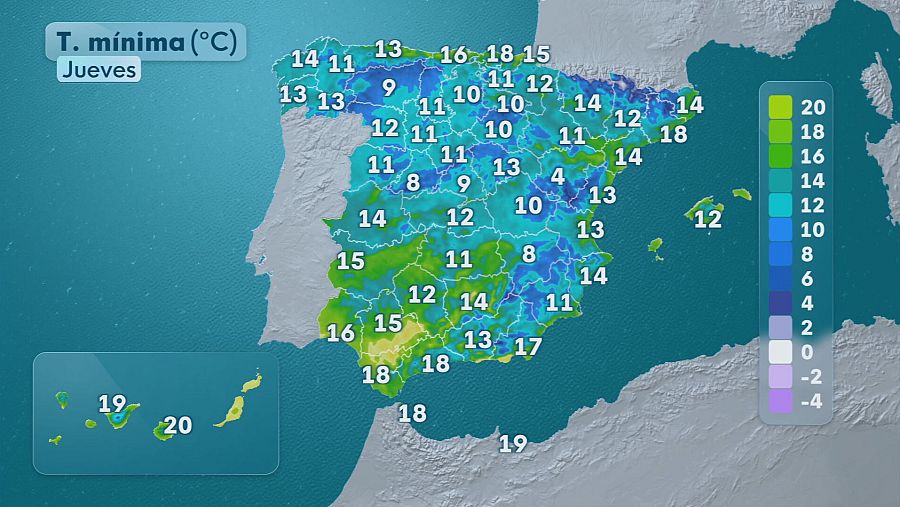 Heladas débiles en amplias zonas de interior peninsular.