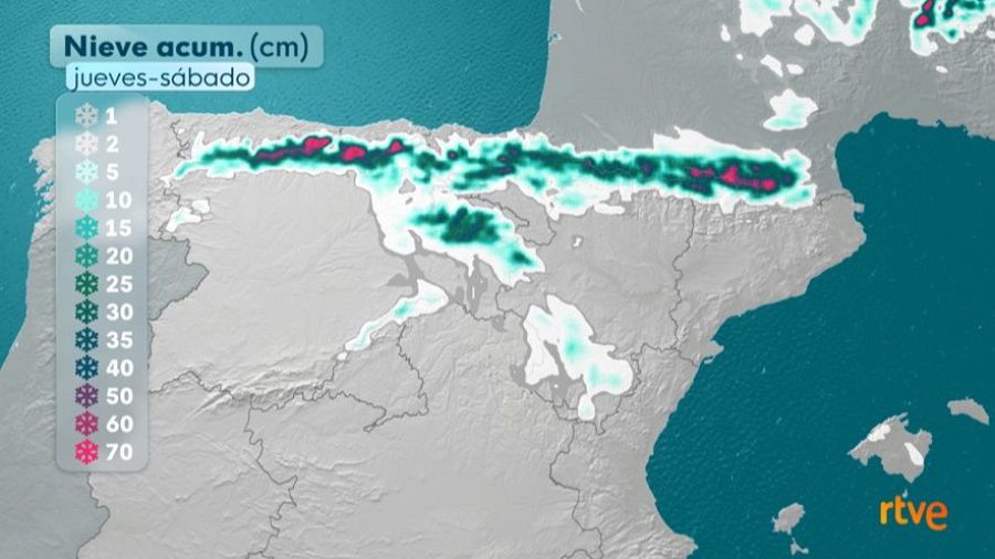 Previsión de nieve acumulada desde el jueves 20 al sábado 23. Los mayores acumulados se darán en la cara norte de la cordillera cantábrica y del Pirineo, cercamos al metro de espesor.