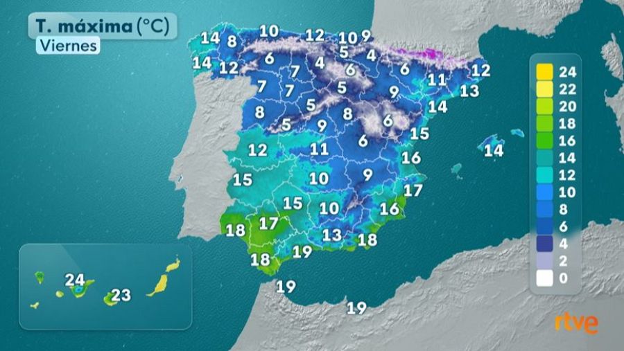 Temperaturas máximas previstas el viernes 21. Bajarán en el este peninsular y en Baleares