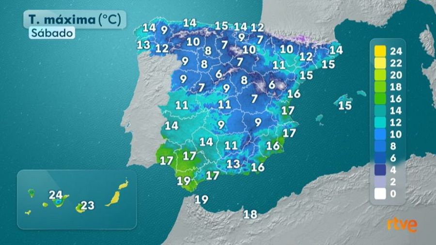 Temperaturas máximas previstas el sábado 22. Subirán en el norte pero en el resto se mantendrán sin cambios