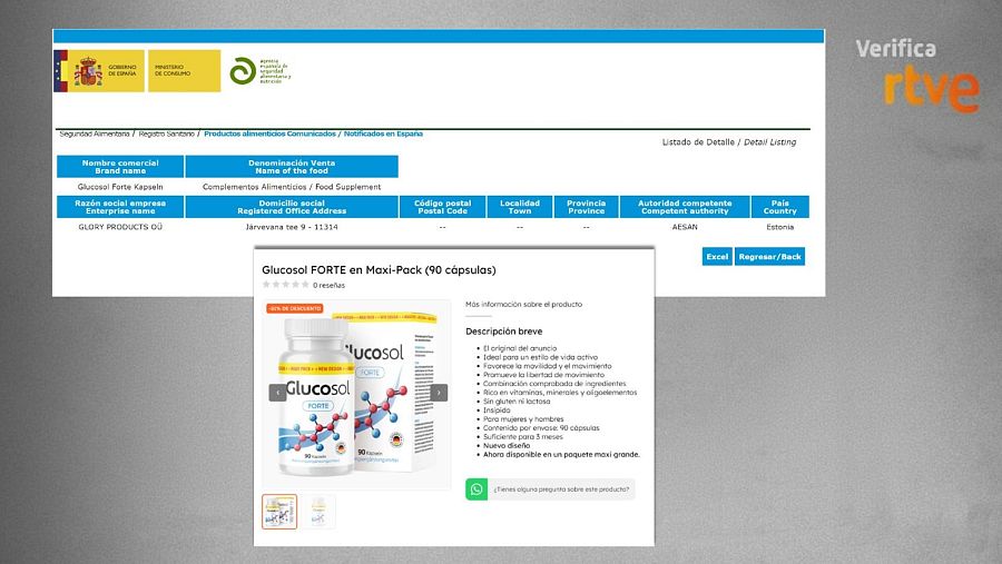 Resultado de la búsqueda de “Glucosol” en el buscador de la AESAN junto a la imagen del producto original
