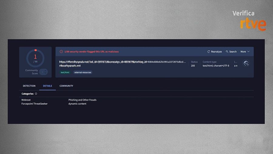 Resultado de la herramienta VirusTotal sobre el enlace fraudulento