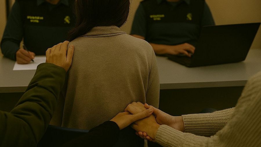 Recreación generada con IA de una víctima acompañada por su entorno a denunciar a su pareja o expareja por violencia de género.