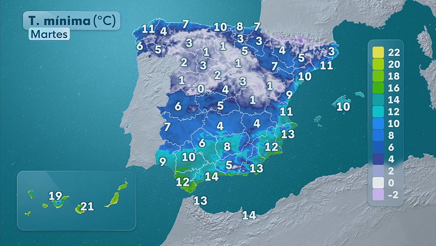 Previsión de temperaturas mínimas para el martes 25 de noviembre de 2025