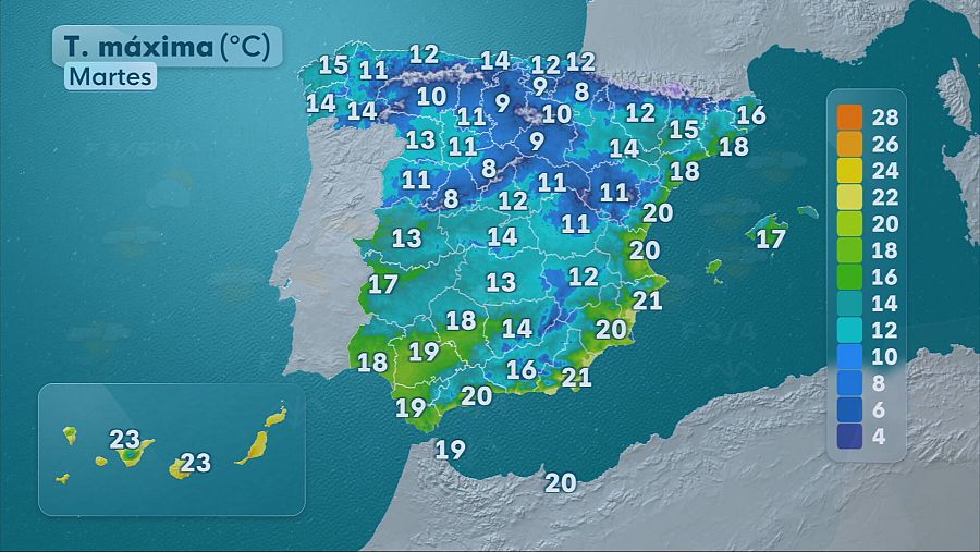 Previsión de temperaturas máximas para el martes 25 de noviembre de 2025