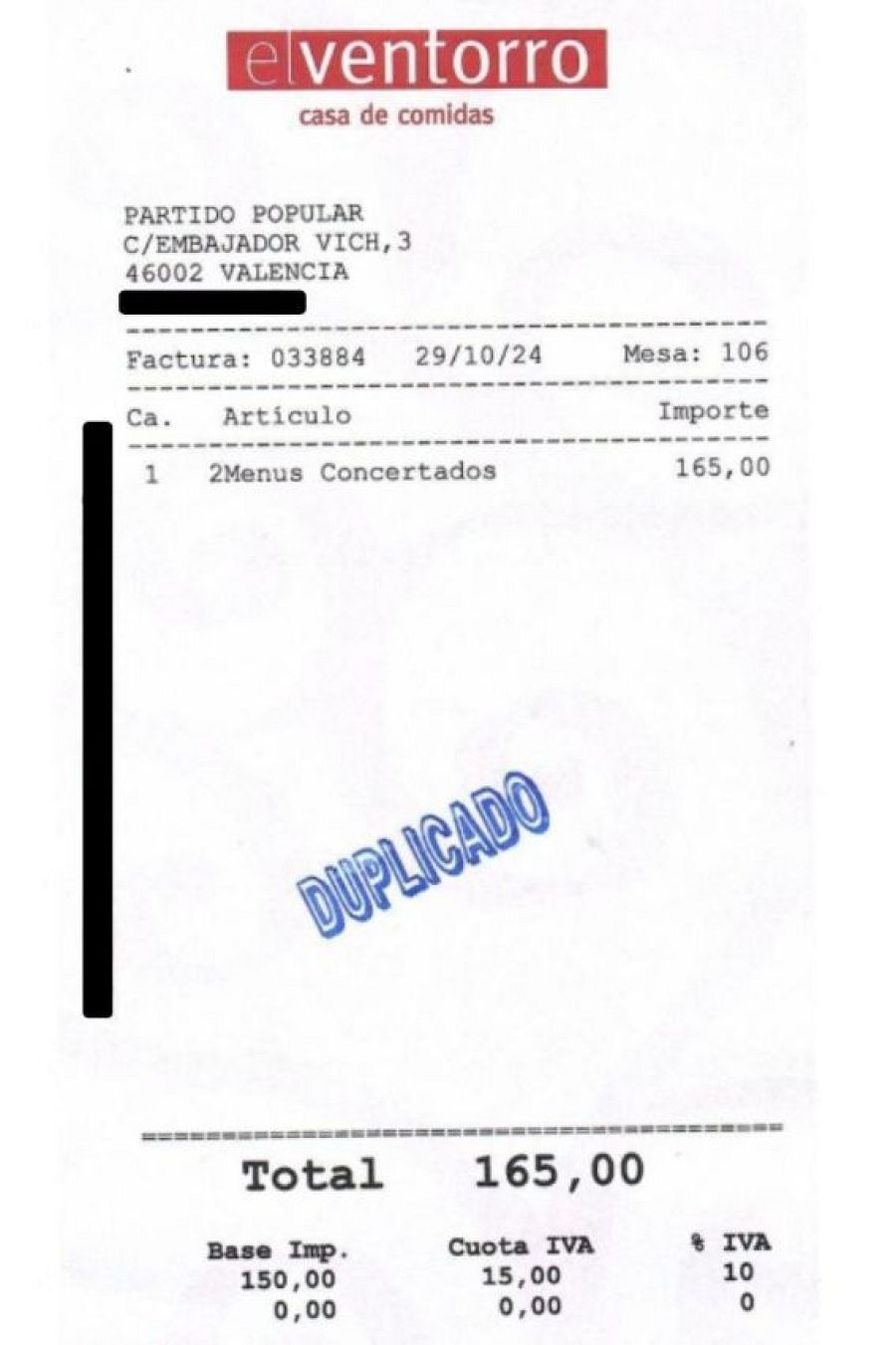 Factura de El Ventorro