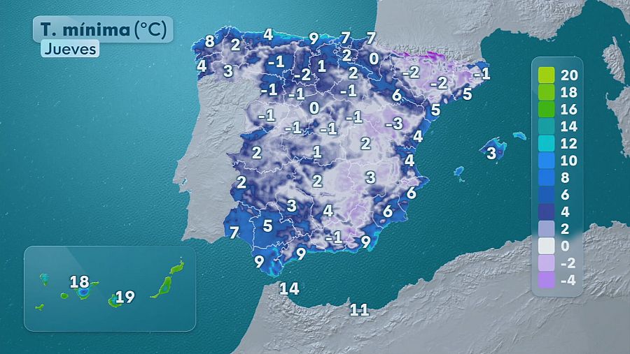 Temperatura mínima el jueves 27 de noviembre en España