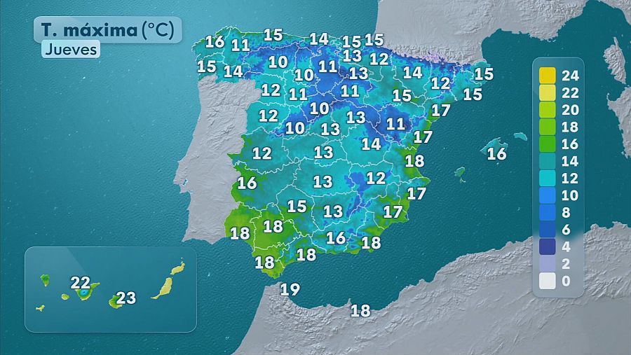 Temperatura máxima el jueves 27 de noviembre en España