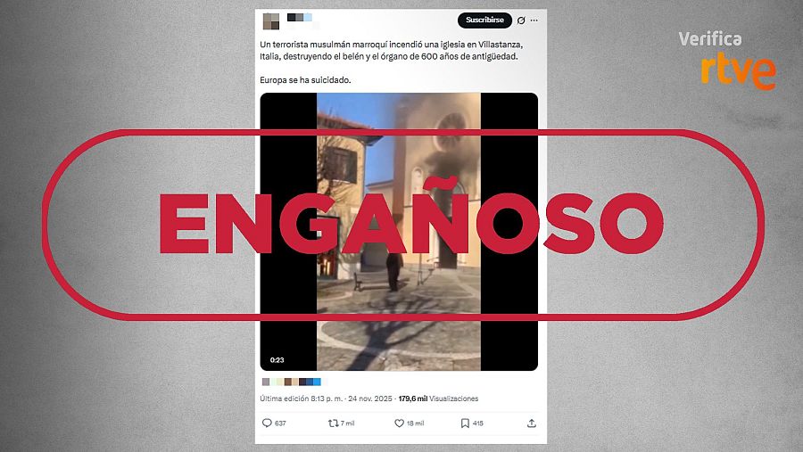 Mensaje de X que desinforma sobre el incendio de una iglesia en Italia