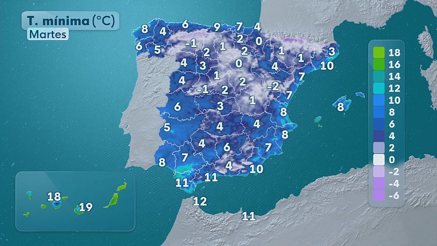 Mapa de España con la previsión de las temperaturas mínimas el 2 de diciembre de 2025