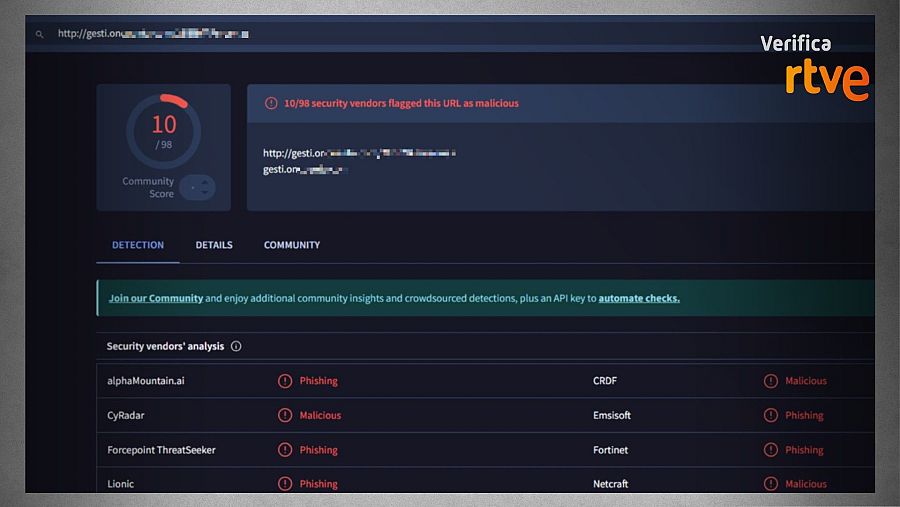 Análisis de VirusTotal sobre el enlace catalogado como 'phishing'