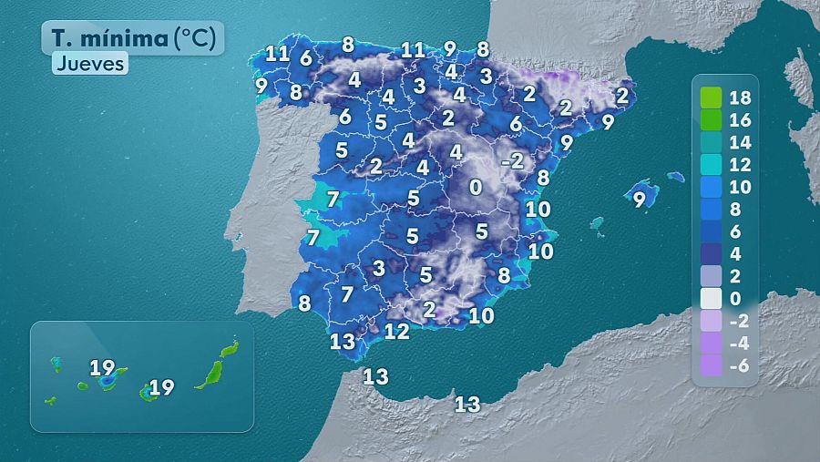 Mapa de temperaturas mínimas del jueves 4 de diciembre de 2025