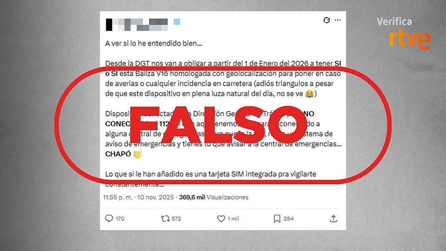 Mensaje que difunde la falsa idea de que con la baliza nos van a vigilar constantemente VerificaRTVE