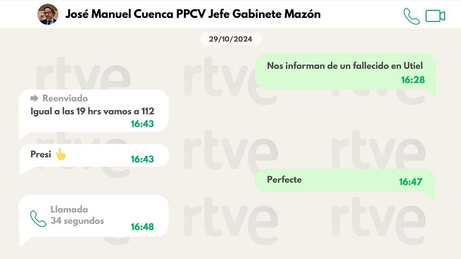 WhatsApp de Salomé Pradas al jefe de gabinete de Carlos Mazón avisando de que hay un muerto en Utiel por la dana.