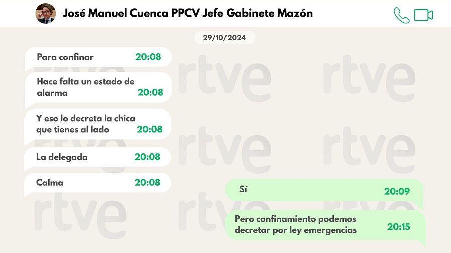WhatsApp en el que el jefe de gabinete de Mazón dice a Pradas que confine la delegada del Gobierno