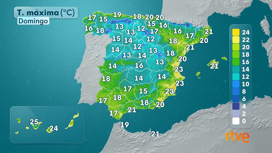 Mapa de temperaturas máximas para el domingo, 7 de diciembre