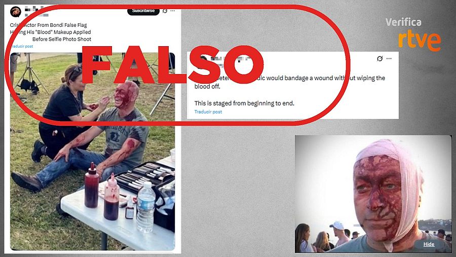 A la derecha, imagen real de una víctima del atentado. A la izquierda, mensajes falsos que afirman que es un actor