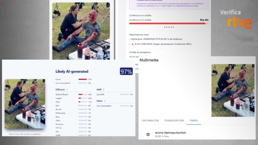 Resultados que ofrecen las herramientas de IA sobre la imagen del hombre al que maquillan