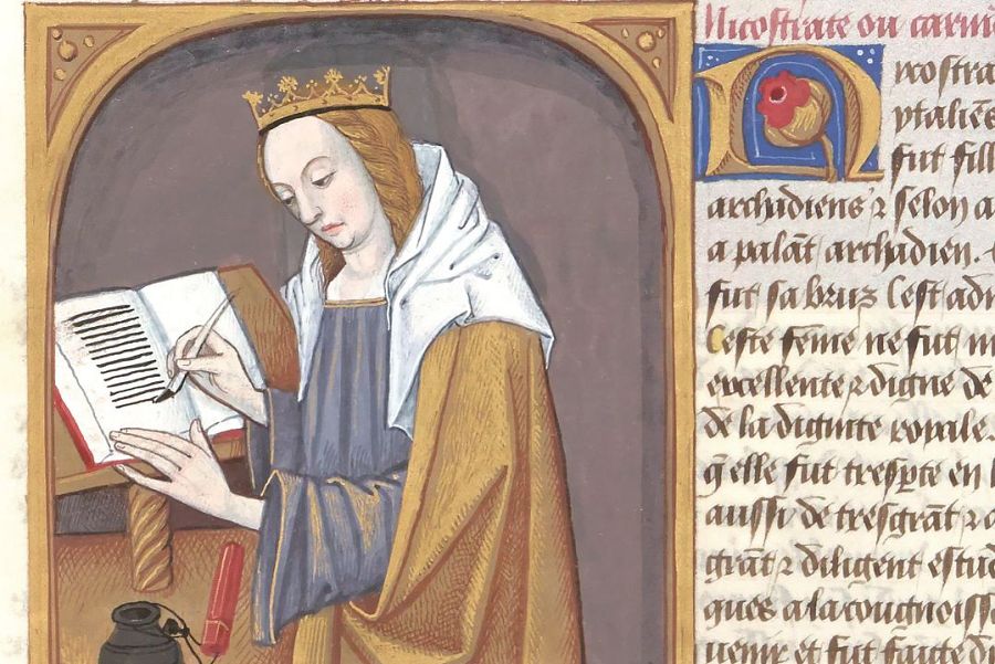 Representación de Nicóstrata, inventora del alfabeto latino y la poesía