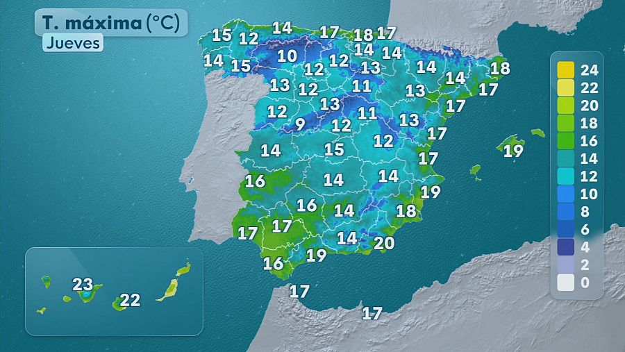 Las temperaturas aumentarán en el Cantábrico, Ibérica sur, en el oeste de la meseta Norte y tercio sureste peninsular.