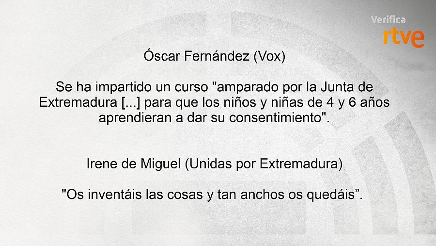 Cartela con las frases de los candidatos de Vox y Unidas por Extremadura sobre el curso infantil de consentimiento