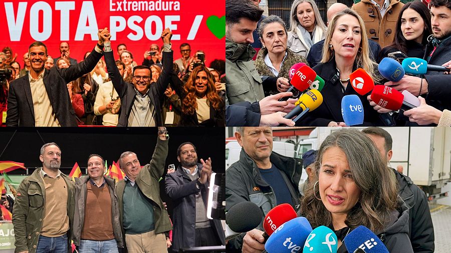Actos de cierre de campaña de los candidatos: Miguel Ángel Gallardo (PSOE), con Pedro Sánchez; María Guardiola (PP); Óscar Fernández (Vox), junto a Santiago Abascal e Ignacio Garriga, e Irene de Miguel (UPE).