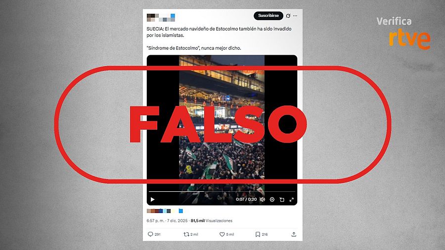 Mensaje que difunde la falsa idea de que el vídeo muestra un mercado navideño de Estocolmo invadido por islamistas