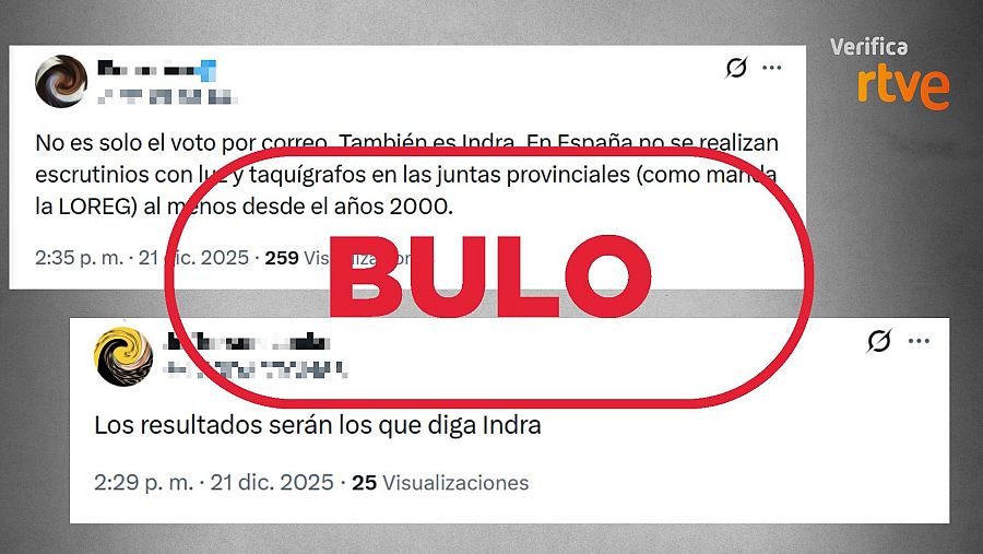 Publicaciones que difunden el bulo de que Indra realiza el recuento de votos en las elecciones