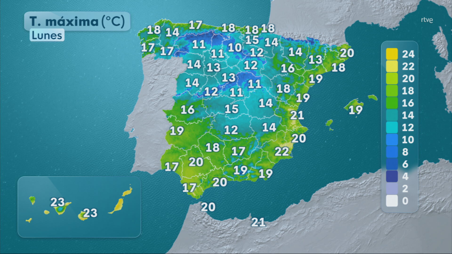 Previsión de las temperaturas máximas en la Península e islas Baleares y Canarias para el lunes 22 de diciembre