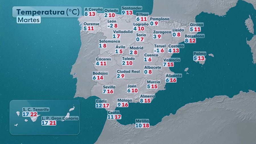 Temperaturas en España este martes