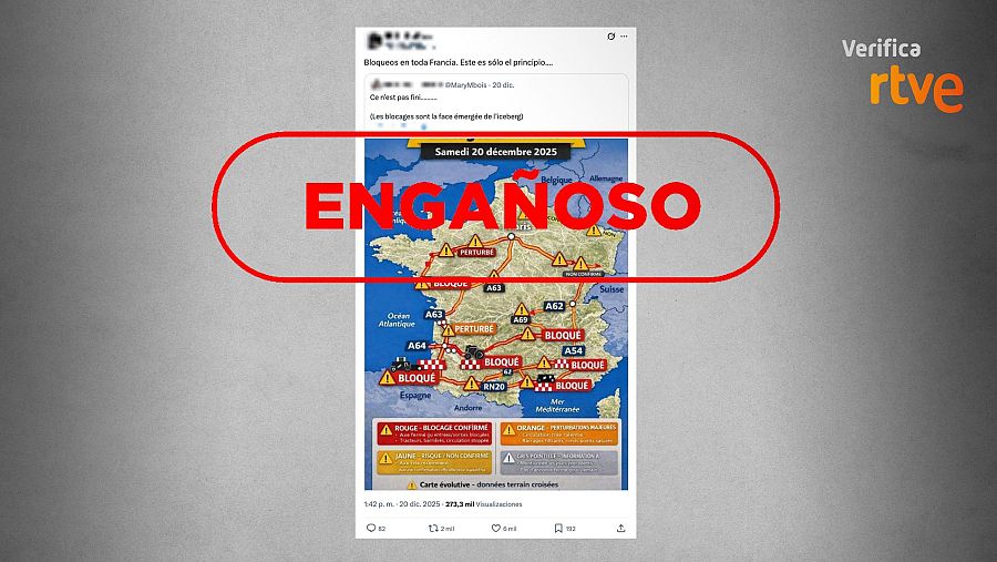 Mensaje engañoso que comparte un mapa de Francia para asegurar que hay ‘bloqueos en toda Francia’ el 20 de diciembre