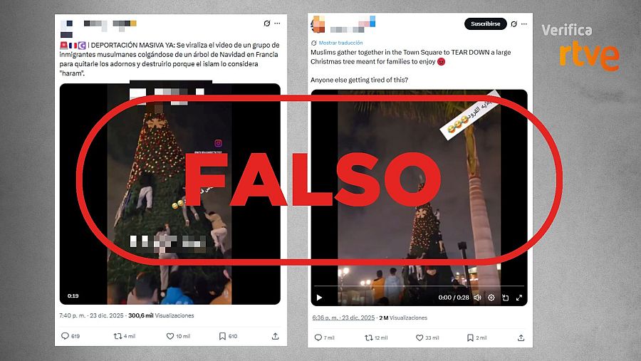 Mensajes de X que difunden descontextualizado el vídeo de jóvenes quitando adornos de un árbol de Navidad.