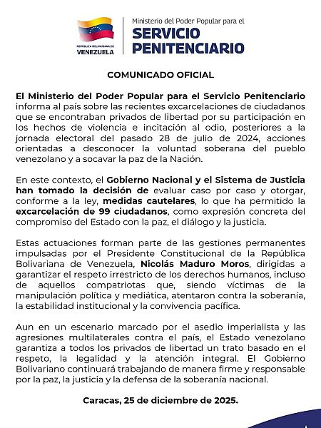 Fotografía tomada de la cuenta oficial en instagram del Ministerio para el Servicio Penitenciario de Venezuela de un comunicado oficial publicado este jueves en Caracas (Venezuela)