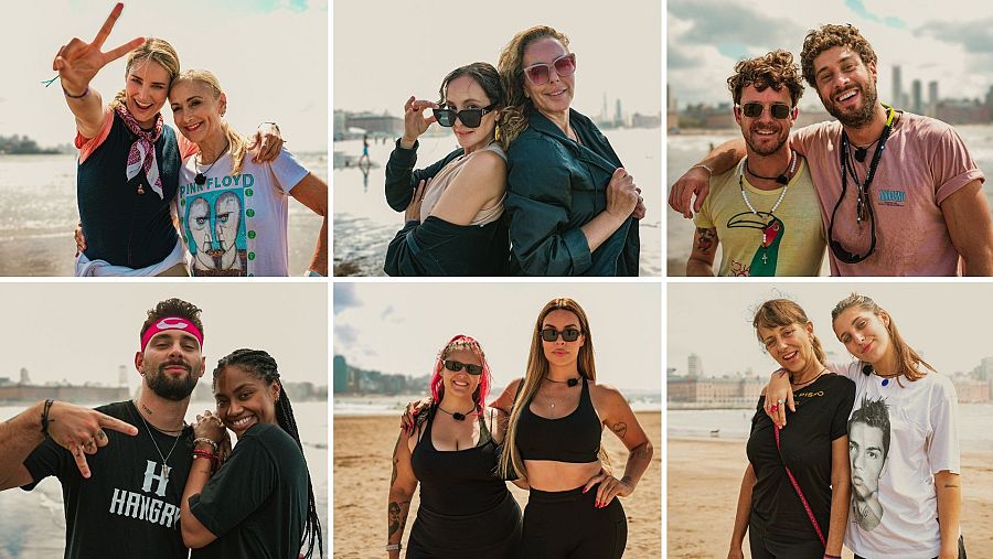 Seis fotografías muestran parejas en una playa. Las imágenes varían en edad y vestimenta, con algunas personas usando gafas de sol y camisetas con diseños. El entorno es una playa con el mar y, en algunas fotos, edificios.