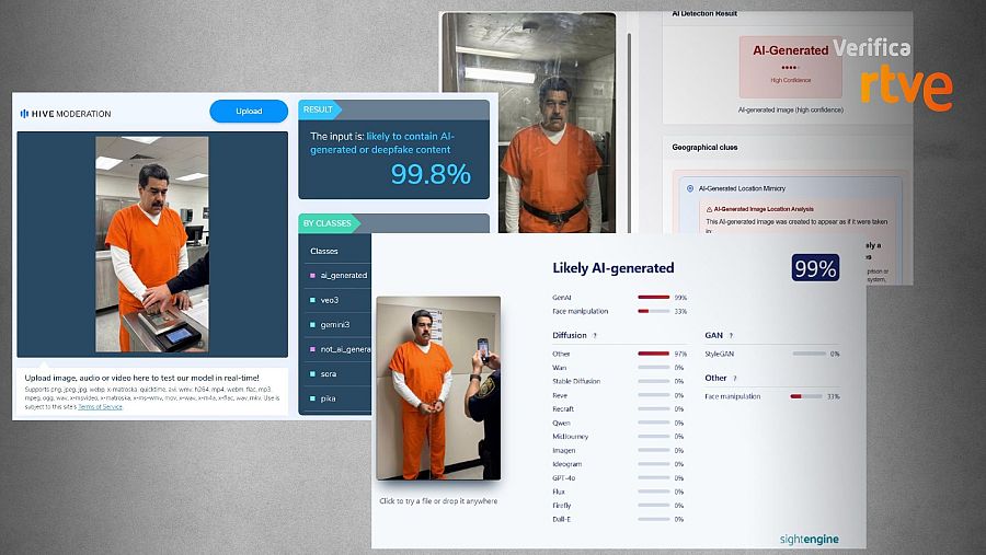 Resultado que ofrecen tres de las herramientas de detección de IA sobre las imágenes de Maduro