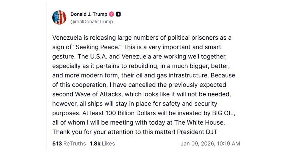 Captura del mensaje de Donald Trump en su red social, Truth Social