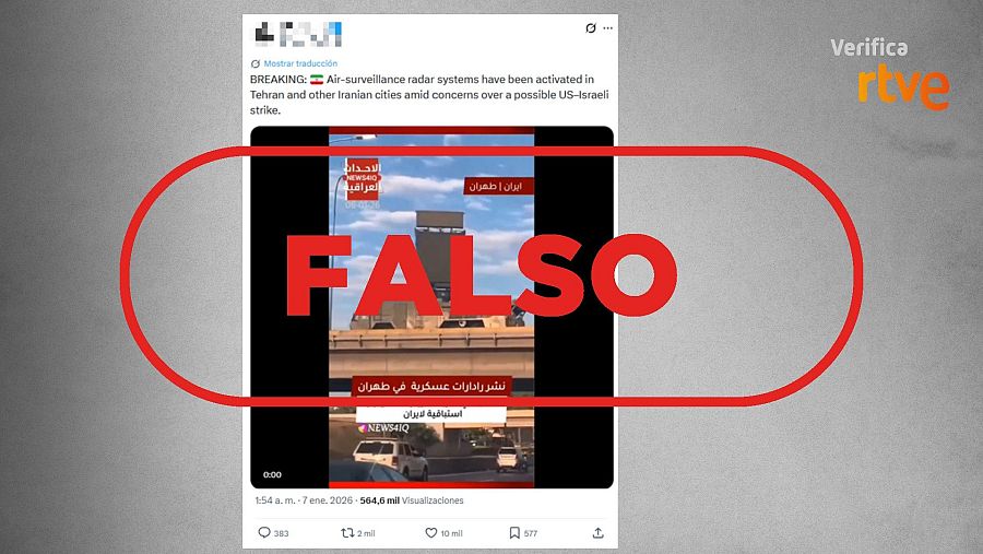 Publicación que difunde la falsa idea de que el vídeo muestra un radar en Irán en la actualidad